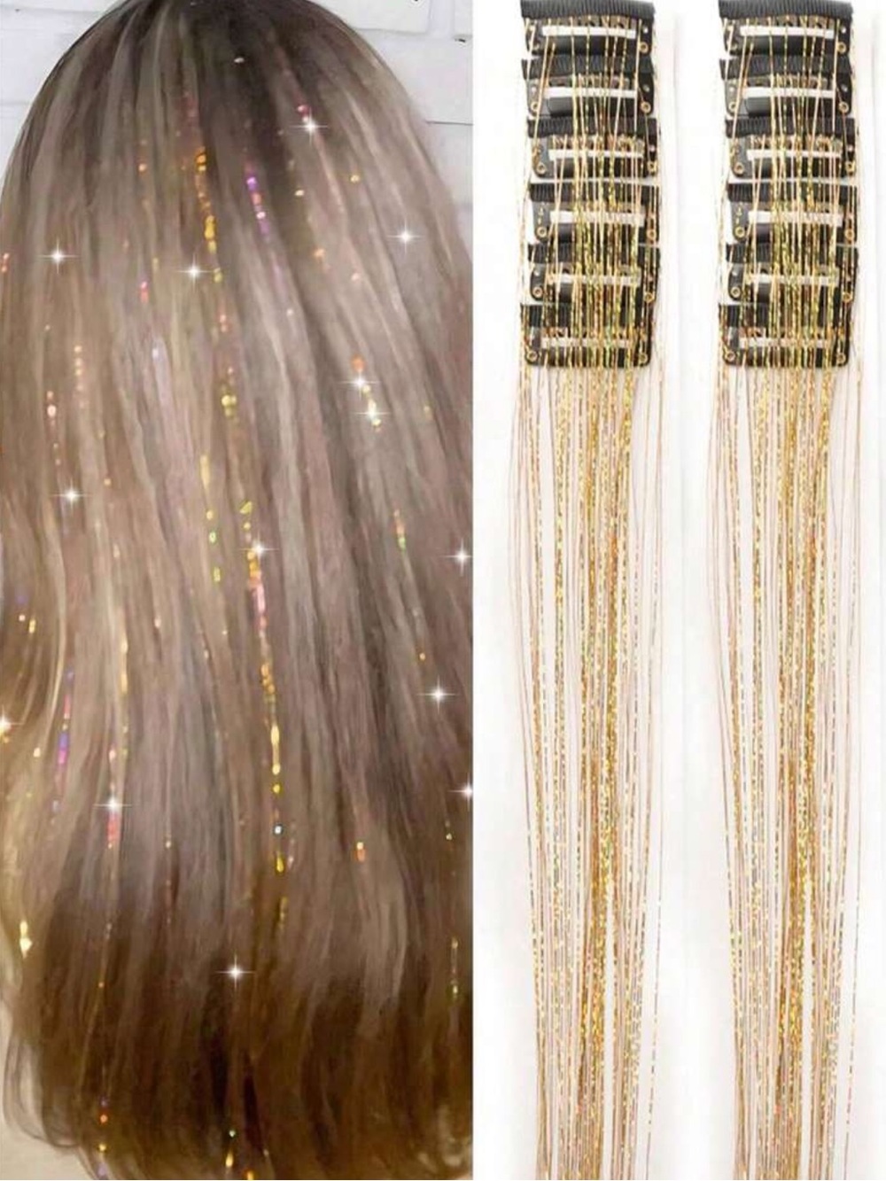 12pcs Women's Fashion Shiny Gold Foil Tassel Hair Clips, Ribbons, Straight Hair